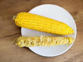 Fresh Corn on a Plate Next to an Empty Cob After Eating