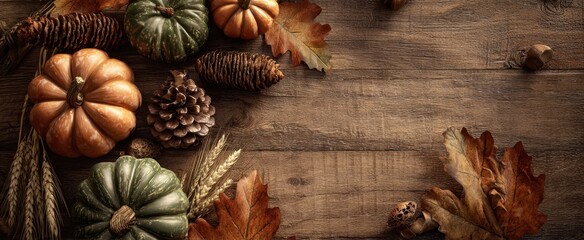 The Pumpkins and Autumn Harvest Arrangement on Rustic Wooden Background