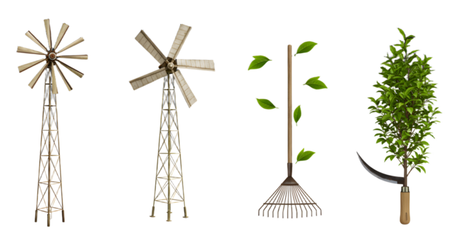 FARMING - Vintage wooden windmill and garden rake with leafy branch isolated on white background, perfect for gardening and outdoor decor projects