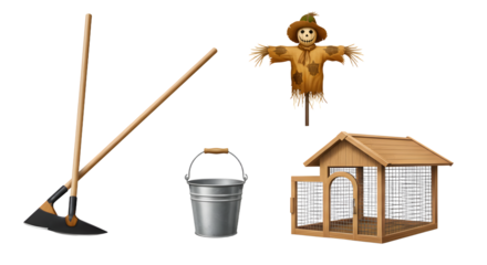 FARMING - Wooden chicken coop with wire mesh, metal bucket, garden hoe, and rake isolated on white background, perfect for farming and gardening