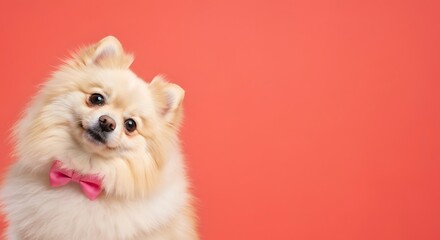Cute Pomeranian dog wearing pink bow tie, studio portrait