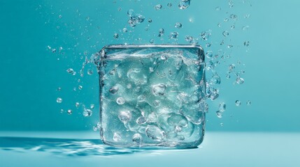 A block of clear ice used for marketing materials for drinks, spirits, or cold-storage products to emphasize extreme cold, refreshment, and purity.