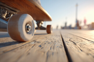 Skateboard wheel on wooden boardwalk at sunset