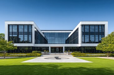 Modern office building facade, pristine white and glass, landscaped courtyard