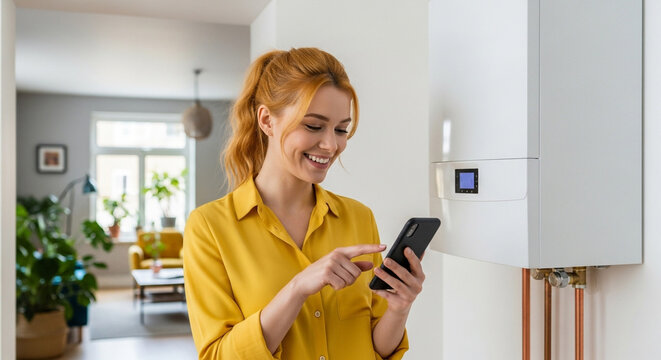 Woman using smartphone to control smart home heating system and boiler control app