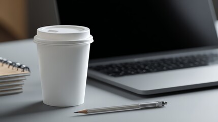 A coffee cup with a white lid on a wooden table used in coffee cafes and culinary establishments.