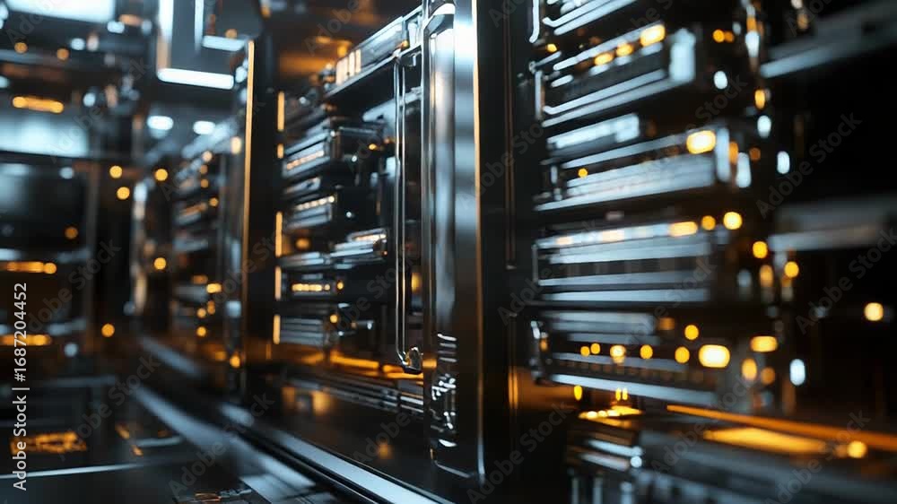 Poster futuristic server room with blinking lights in a data center