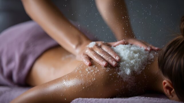 Hands applying a salt scrub to a person s back during a spa treatment for exfoliation and skin care
