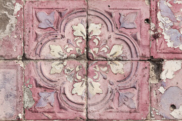 Pink floral tile floor weathered antique design worn tiles