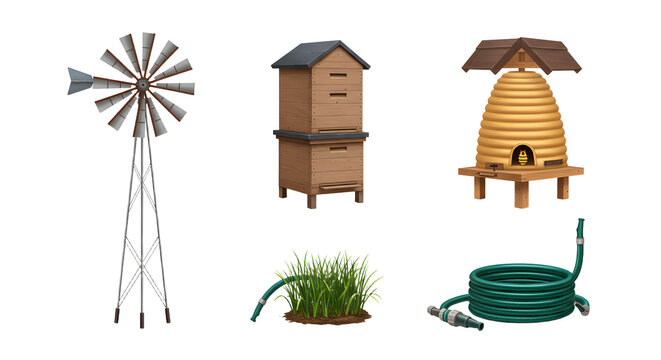 FARMING - Windmill beehive and garden hose with grass and wooden bee house isolated on white background, perfect for gardening and outdoor themes
