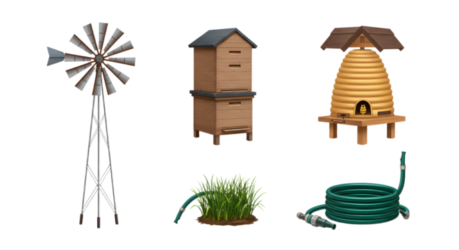 FARMING - Windmill beehive and garden hose with grass and wooden bee house isolated on white background, perfect for gardening and outdoor themes