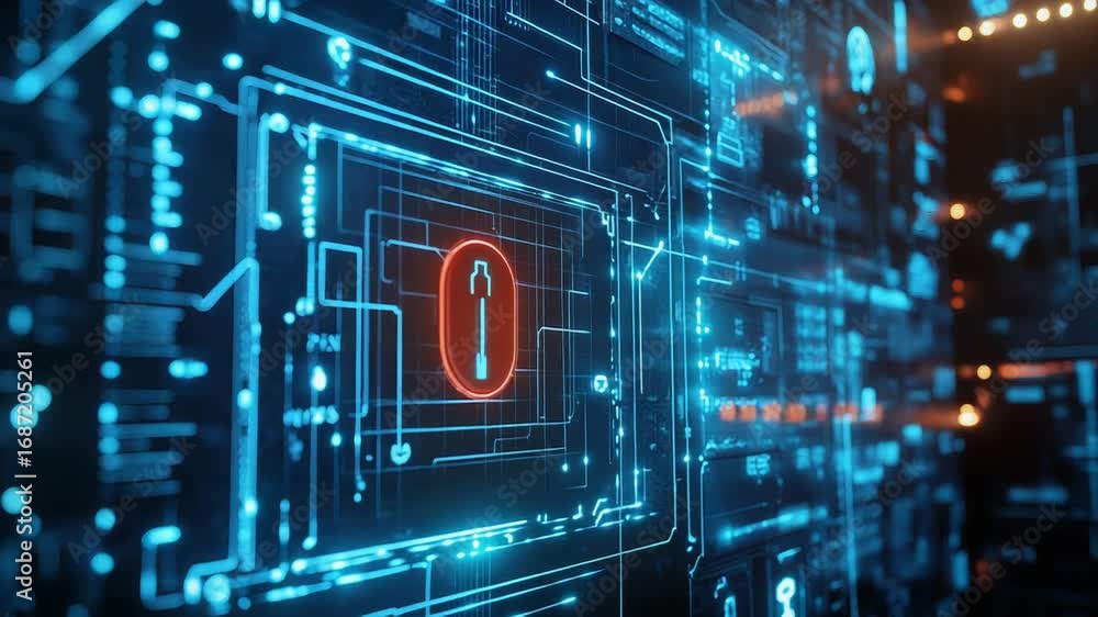 Poster cyber security breach alert showing key and lock symbol on futuristic circuit board