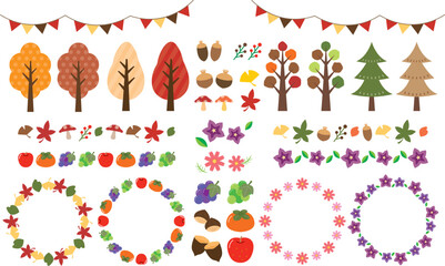 秋の植物と果物のセット