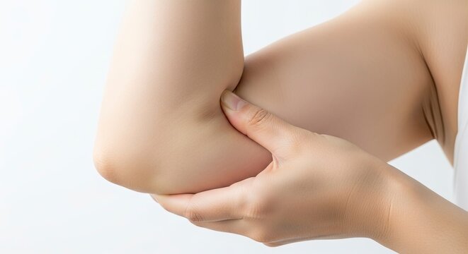 A persons arm is bent at the elbow with their hand touching the inside of their arm