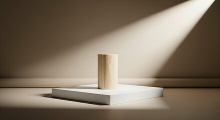 Minimalist product showcase with wooden cylinder on white pedestal under spotlight