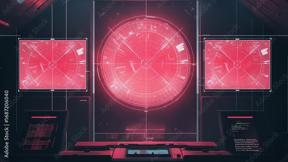 Poster futuristic command center showing a circular radar screen glowing red in a dark room