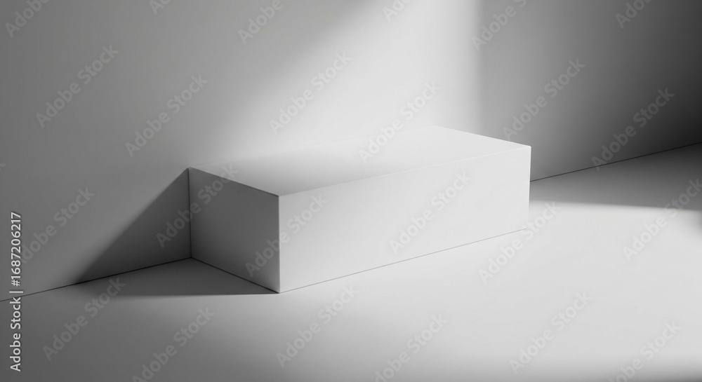 Poster minimalistic white box on a pristine surface under directional light casting shadows for product