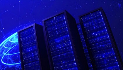 Server racks in a data center with a glowing network