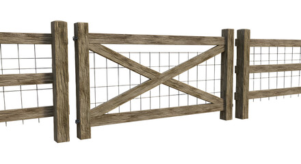 Obraz premium FARMING - Rustic wooden farm gate with wire fencing isolated on white background, perfect for agricultural or rural property visuals