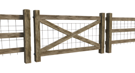FARMING - Rustic wooden farm gate with wire fencing isolated on white background, perfect for agricultural or rural property visuals