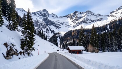 Snowy mountain road landscape