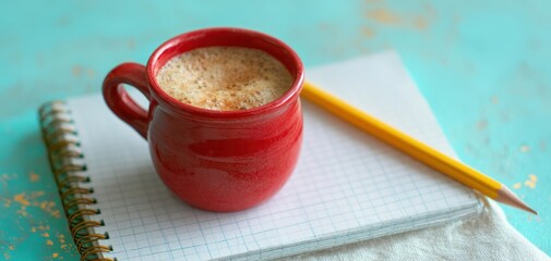 The Red Mug with Frothy Coffee Resting on a Grid Notebook and Pencil