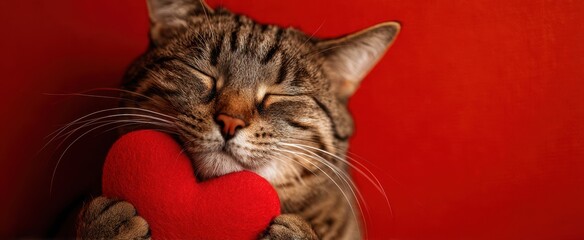 The affectionate cat holding a red heart in a cozy embrace.