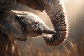 Closeup of a baby elephant touching its mothers trunk with its trunk