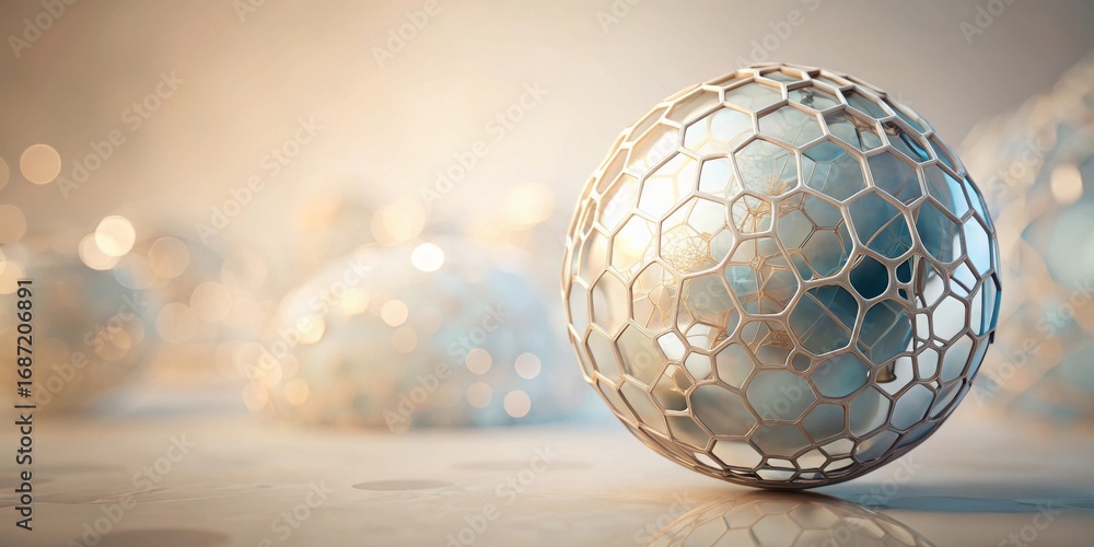 Wall mural elegant geometric sphere with intricate latticework design resting on a reflective surface, illumina