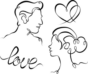 Continuous one line drawing woman and man.Loving couple.Set about love.Heart and word love.Ink line. Line art.One continuous line isolated illustration.Not AI.