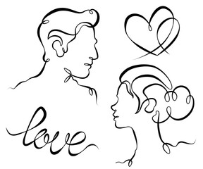 Continuous one line drawing woman and man.Loving couple.Set about love.Heart and word love.Ink line. Line art.One continuous line isolated illustration.Not AI.