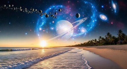Cosmic beachscape ocean meets planets galaxies and asteroid rings above a sandy shore