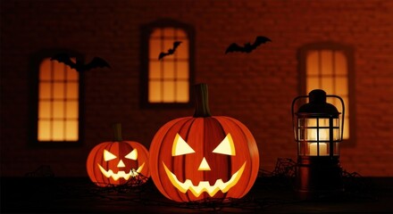 Obraz premium Spooky halloween night scene with carved pumpkins and bats against brick backdrop