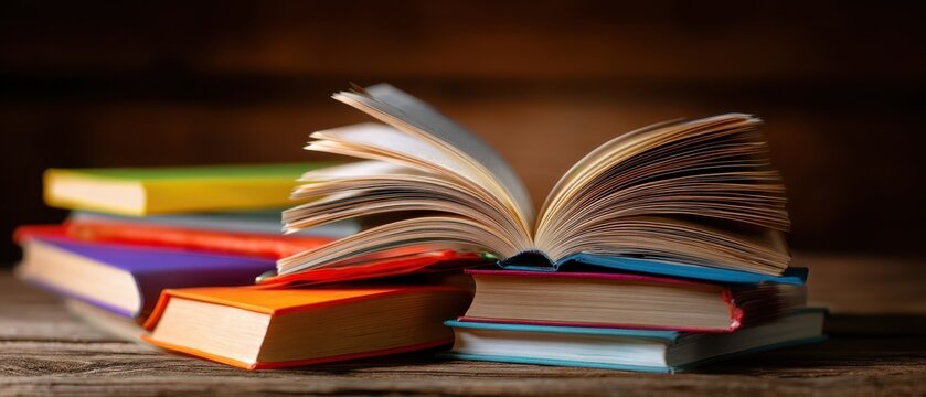The open book resting atop a vibrant stack of colorful volumes.