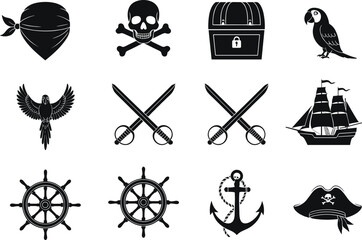 Set of pirate icons including skull, crossbones, treasure chest, parrots, swords, ship, anchor, pirate hat, bandana, and ship wheels vector design