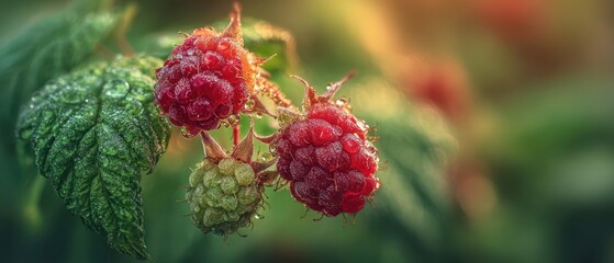 The Raspberry Cluster in Morning Dew: Closeup Macro Portrait of Fresh Fruit