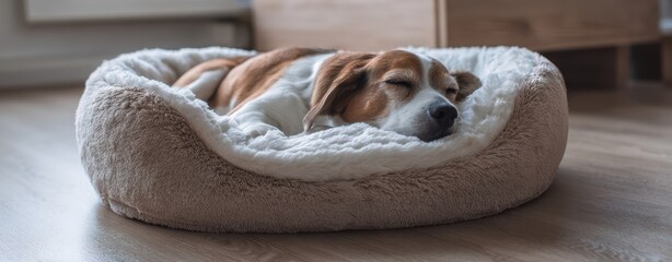The peaceful beagle dog resting comfortably on its cozy bed.