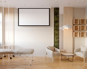 3D visualization of the interior of a massage parlor with a relaxation area, a massage couch and a blank screen for training.