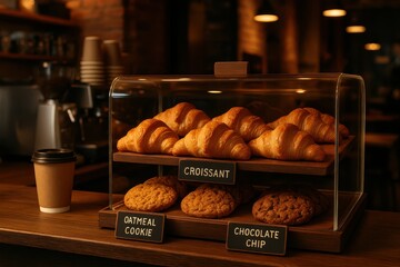 Gourmet coffee shop display case featuring fresh croissants and artisanal cookies in warm ambient lighting