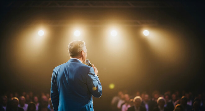 Public speaking event conference speaker giving presentation on stage to audience