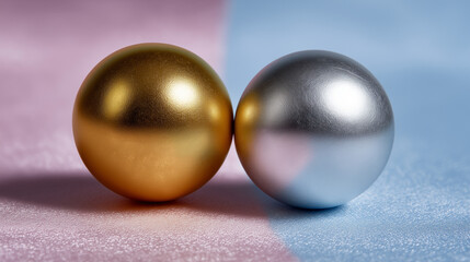 Minimal close-up: two metallic balls (one gold, one silver) touching on a pastel backdrop, leaving soft open margin.