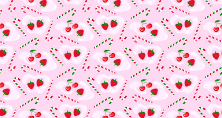 Vibrant and cheerful seamless pattern with candy canes, cherries, and strawberries on a pink creamy background, perfect for festive and sweet designs