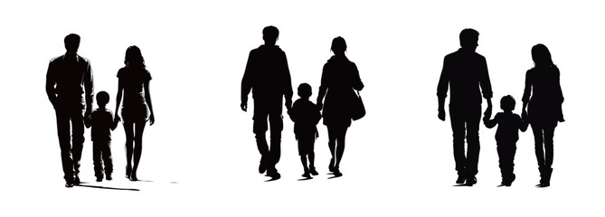 Two families stroll hand in hand, creating a joyful atmosphere. The silhouettes depict adult figures accompanied by children, showcasing love and connection.