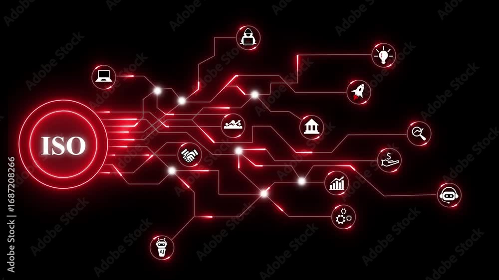 Poster digital network diagram with iso logo and technology icons data. iso network technology digital data