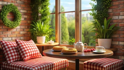 Sunlit Window Seat with Red Gingham Cushions and Pastry Treats