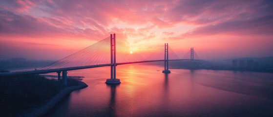 The bridge against the backdrop of the sunset over the water embodies the harmony between architecture and nature, ideal for tourist sites and travel articles.