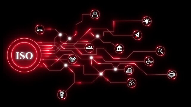 Digital network diagram with ISO logo and technology icons data. ISO network technology digital data security innovation business growth and strategy. Onlice or digital concept.