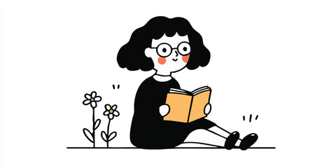 A delightful illustration depicts a young girl immersed in a good book. She is sitting among wildflowers, her glasses perched on her nose, exuding joy and tranquility.