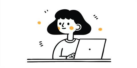 Naklejka premium A girl focused on work in front of the laptop with smile, minimalist illustration to convey message and emotion.
