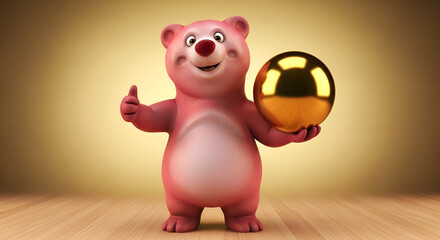 Cheerful cartoon pink bear holding a golden sphere with a gesture of approval rendered digitally